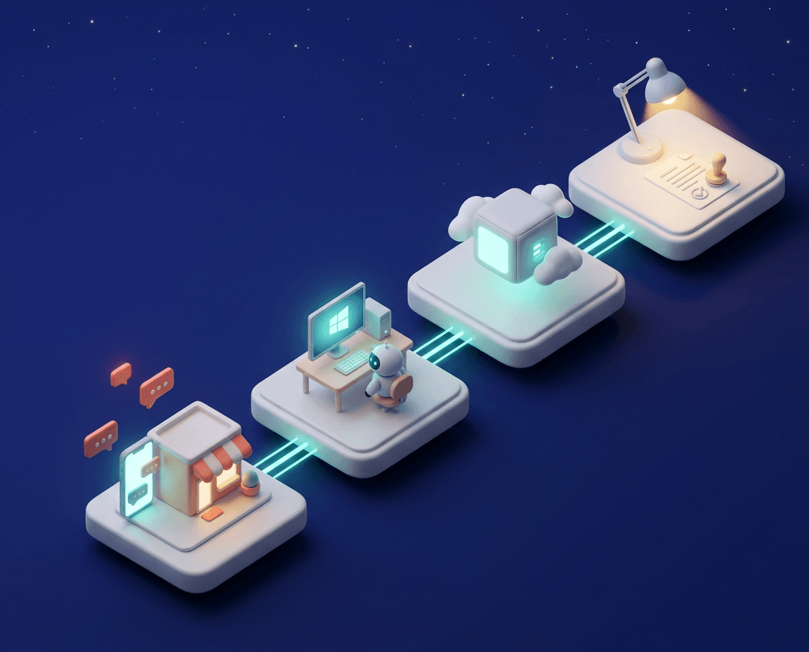 Dây chuyền isometric lúc nửa đêm: shop TikTok, máy Windows có bot trực, máy chủ AI và bàn duyệt của Brand nối bằng tín hiệu xanh.